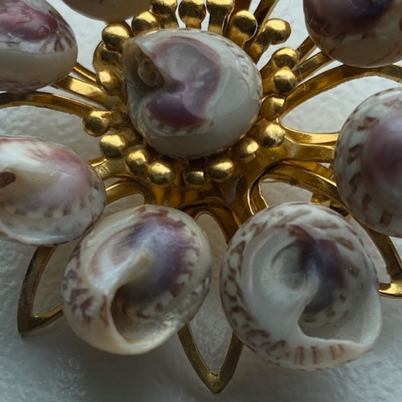 Vintage Natural Sea Shells Gold Tone Flower Brooch Costume Jewlery Pin - Picture 4 of 6